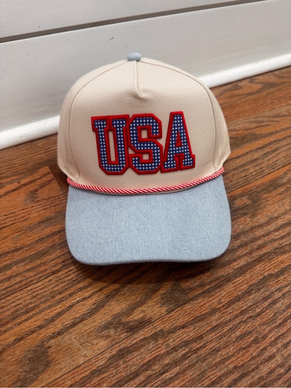 USA Embroidered Baseball Cap - Cream & Light Blue